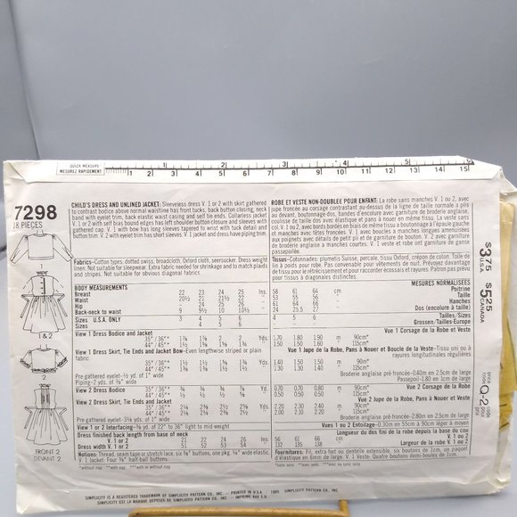 Vintage Sewing PATTERN Simplicity 7298, Girls 1985 Dress and Jacket, Child Size - Picture 2 of 2